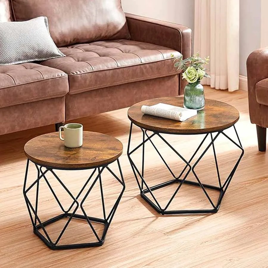 Conjunto de 2 Mesas de centro redondas, mesas de sala de estar castanho Vintage + preto