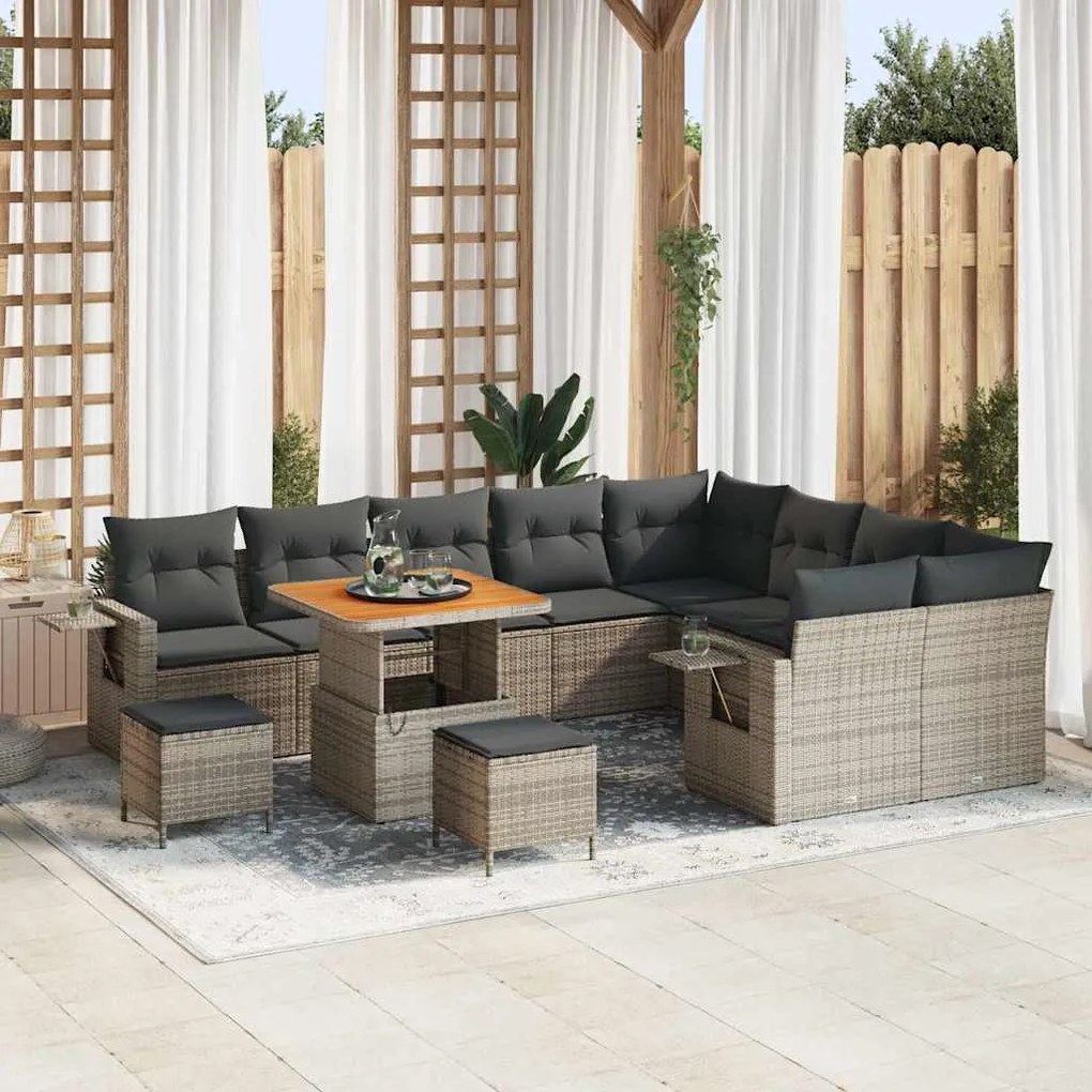 vidaXL Conjunto de Sofá de Jardim de 12 peças, com almofadas cinzas, em rattan de polietileno e madeira de acácia.