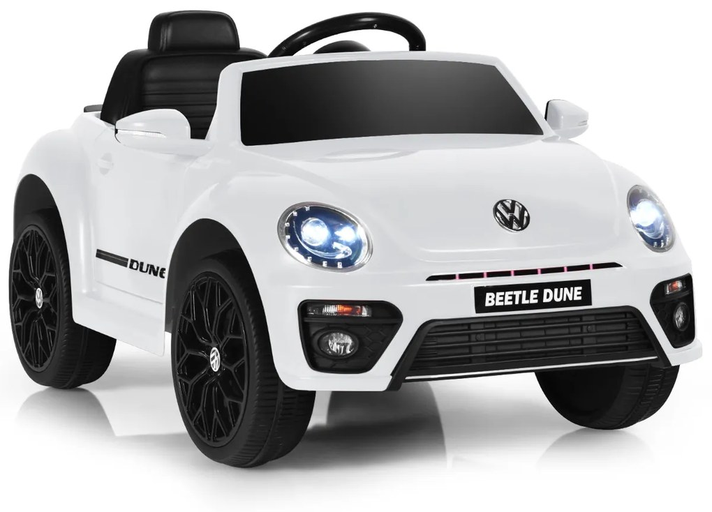 Carro elétrico Volkswagen Beetle para crianças Carro com bateria de 12V com luzes de controle remoto Veículo motorizado musical 95 x 56 x 47 cm Branco
