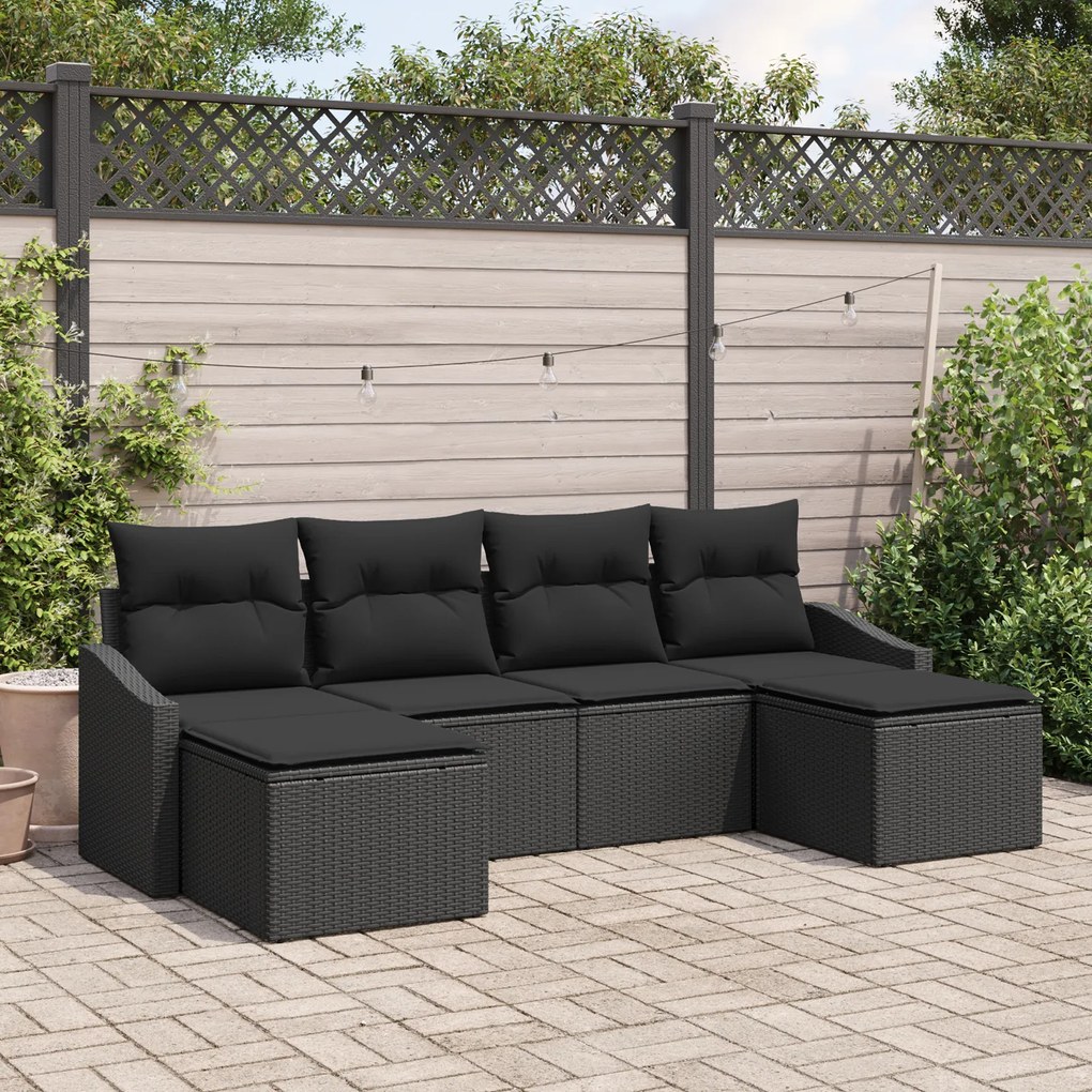 Conjunto de Jantar de 6 Peças com Almofadas de Rattan Preto