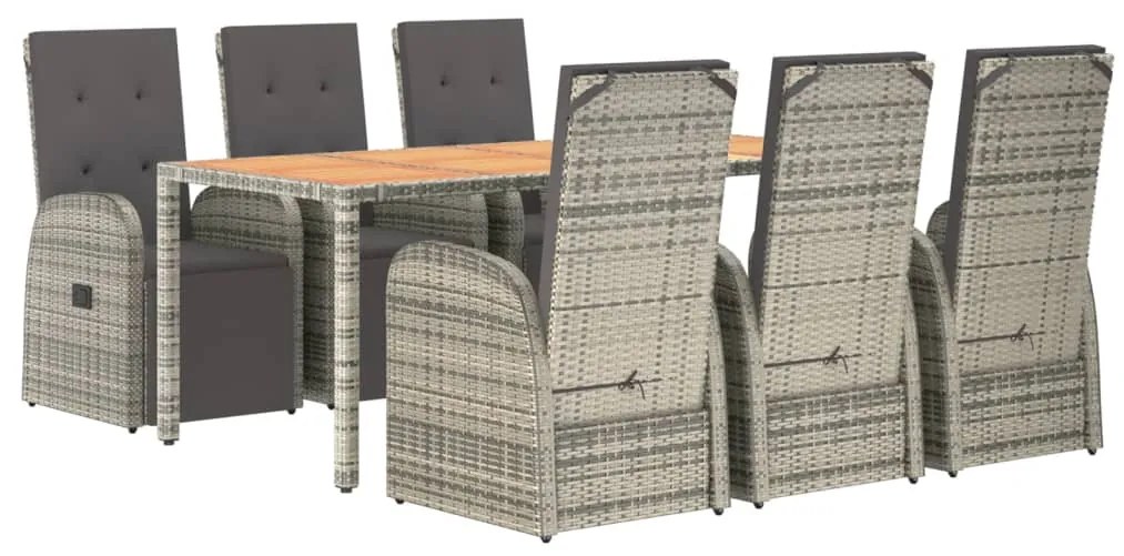 7 pcs conjunto de jantar p/ jardim c/ almofadões vime PE cinza