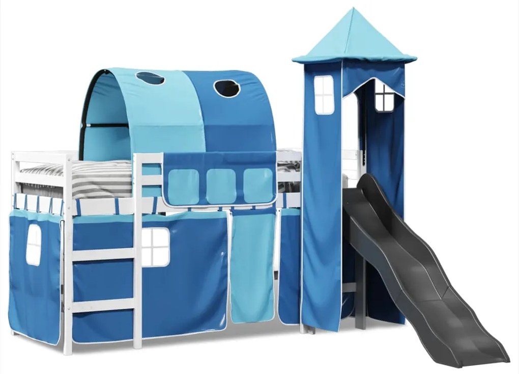 Cama alta para criança com torre 90x190 cm pinho maciço azul