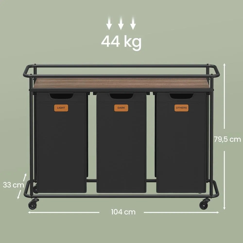 Cesto de roupa suja com 3 compartimentos 104 x 33 x 79,5 cm, separador de roupa com rodas, carrinho para roupa suja de 150 L com prateleira preto-cast