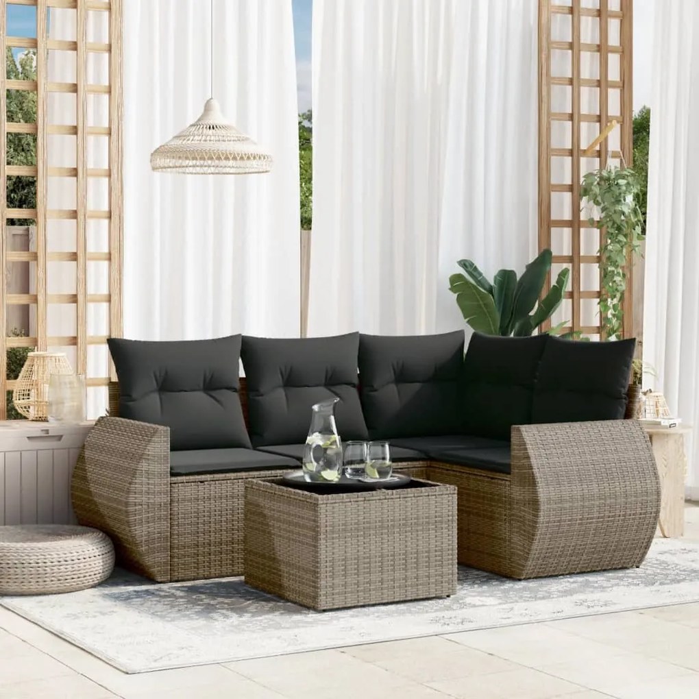 5 pcs conjunto sofás de jardim c/ almofadões vime PE cinzento