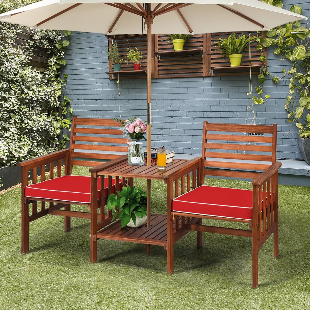 Conjunto de mesa e cadeira de 2 lugares em madeira de acácia para exterior com almofadas para pátio jardim castanho e vermelho