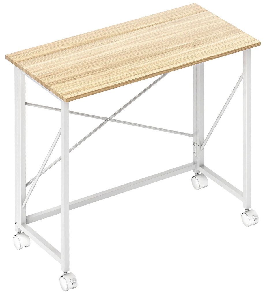 Secretária Dobrável com Rodas Mesa de Secretária Compacta Portátil para Espaços Pequenos 80x40x75 cm Madeira e Branco