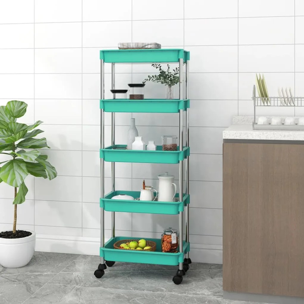 vidaXL Carrinho cozinha 5 prateleiras ferro/ABS 42x29x128 cm turquesa