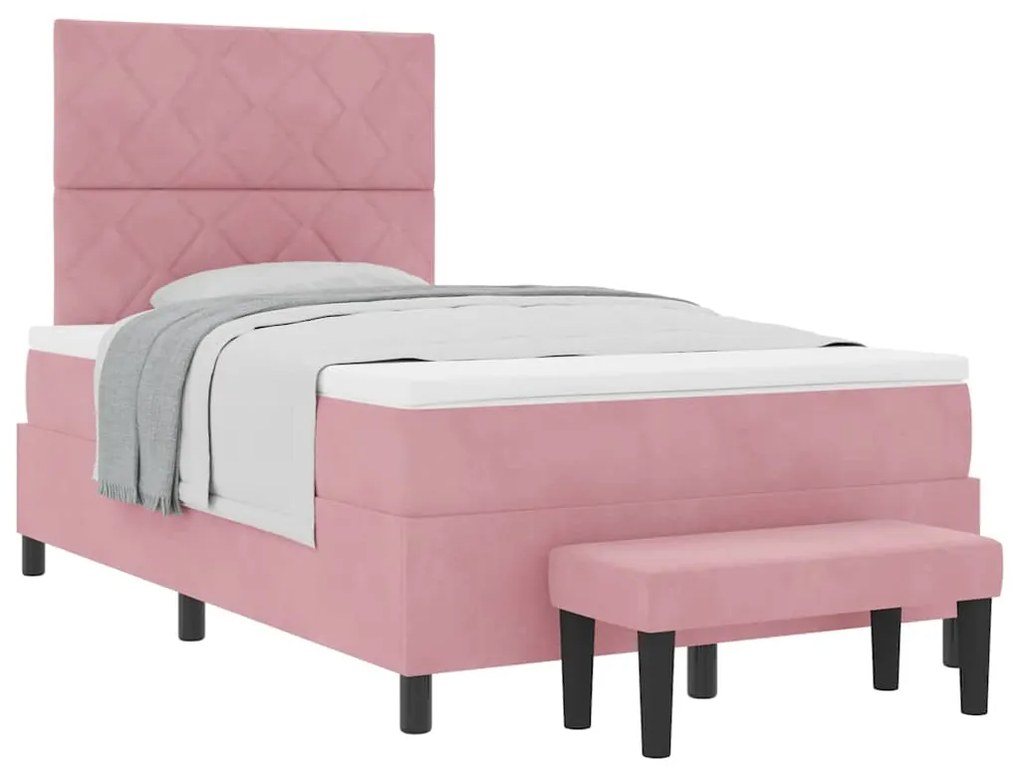 Cama Box Spring com Colchão e Banco em Veludo Rosa 120x190 cm