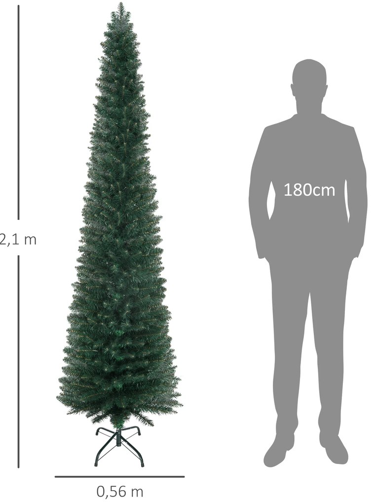 Árvore de Natal Artificial Altura 210cm com 510 Ramos de Folhas de PVC Ignífugos Base Dobrável e Suporte Metálico Verde