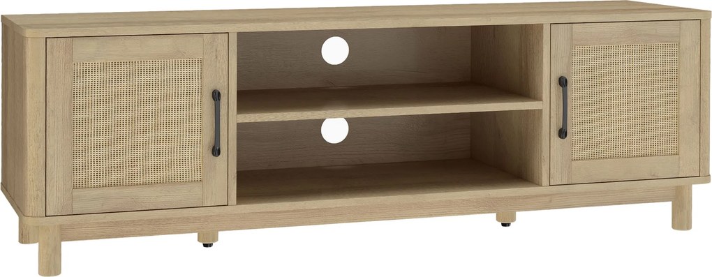 HOMCOM Móvel TV 135 cm, móvel para TV até 165,1 cm com 2 portas em rattan, 2 compartimentos abertos, carvalho | Aosom Portugal