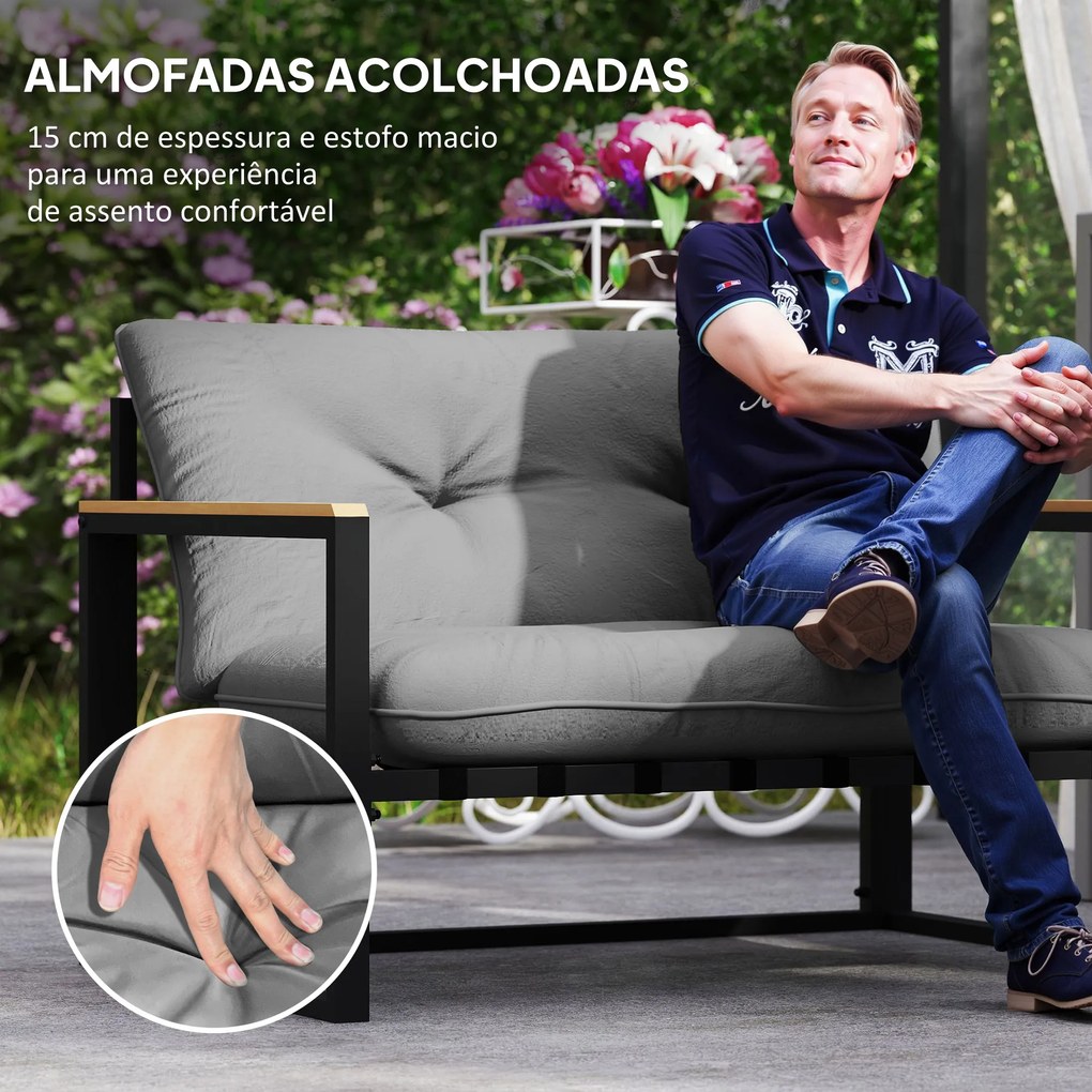 Conjunto de Jardim de 4 Peças com 2 Poltronas e 1 Sofá de 2 Lugares com Almofadas e Mesa de Centro Cinzento e Preto