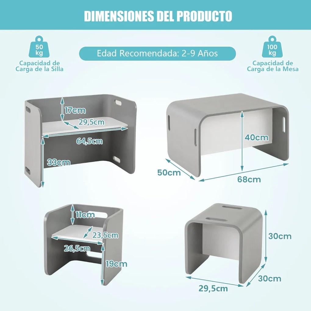 Mesa e cadeiras para crianças com tampo espesso e superfície lisa para casa, escola, jardim de infância 68,5 x 40 x 50 cm Cinzento