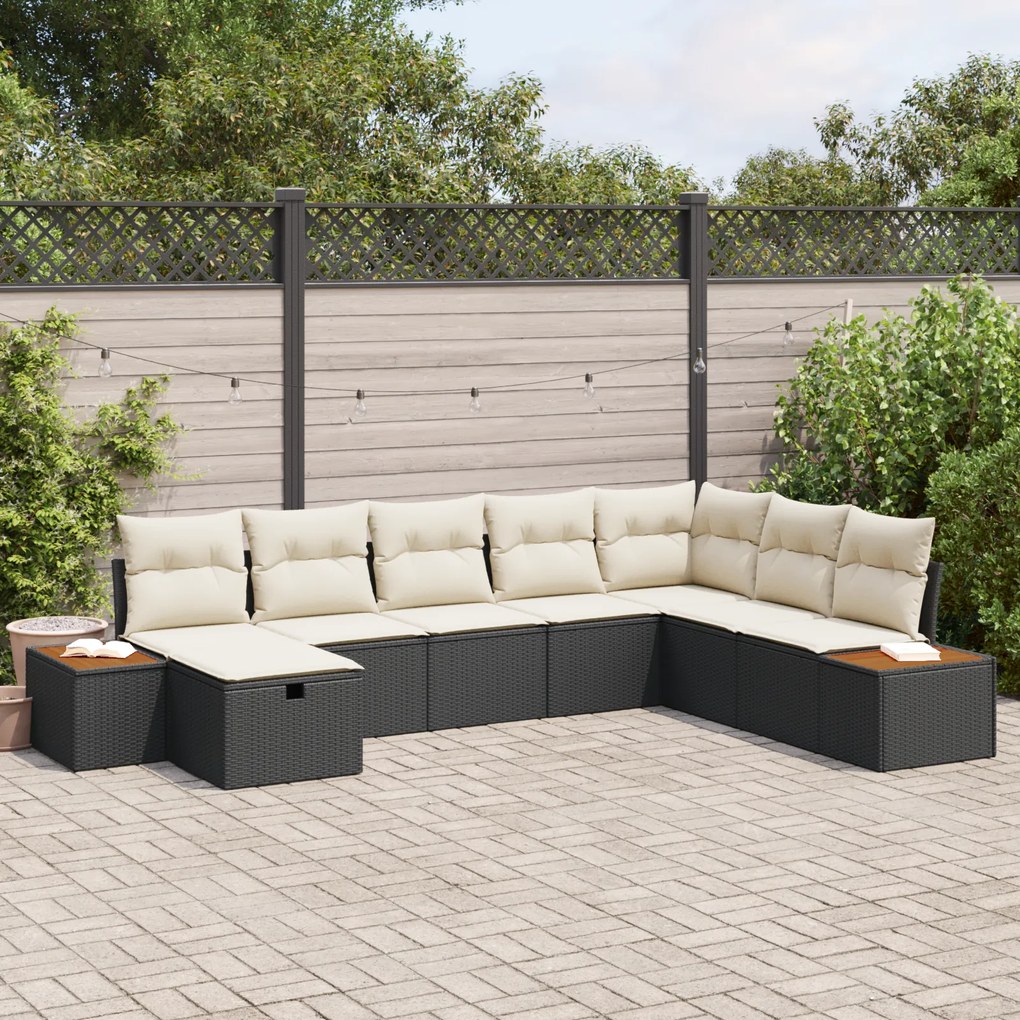 Conjunto de Sofá de Jardim com Almofadas Rattan Polido Preto de 8 Peça
