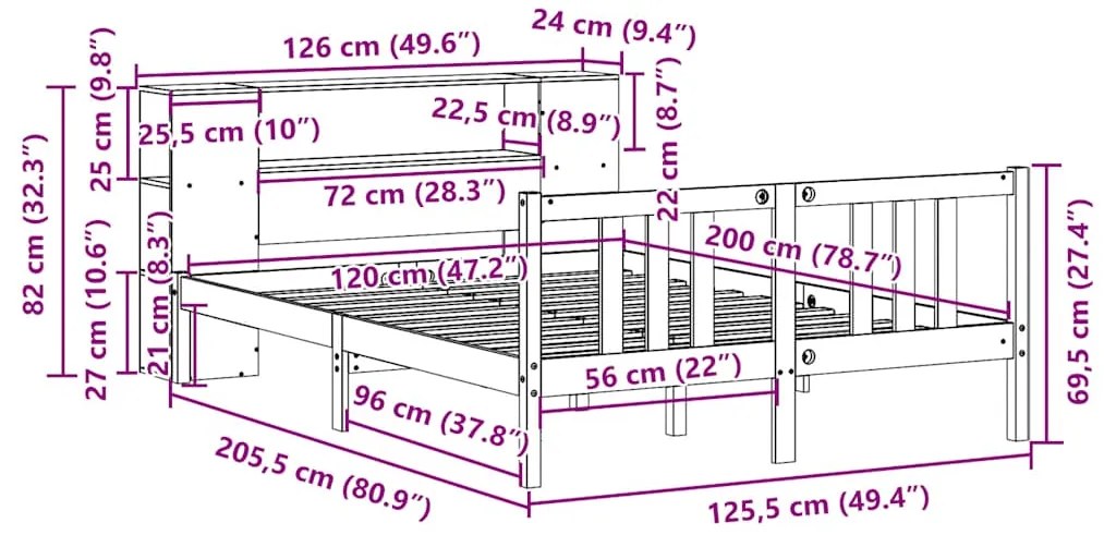 Cama com estante sem colchão 120x200 cm pinho maciço