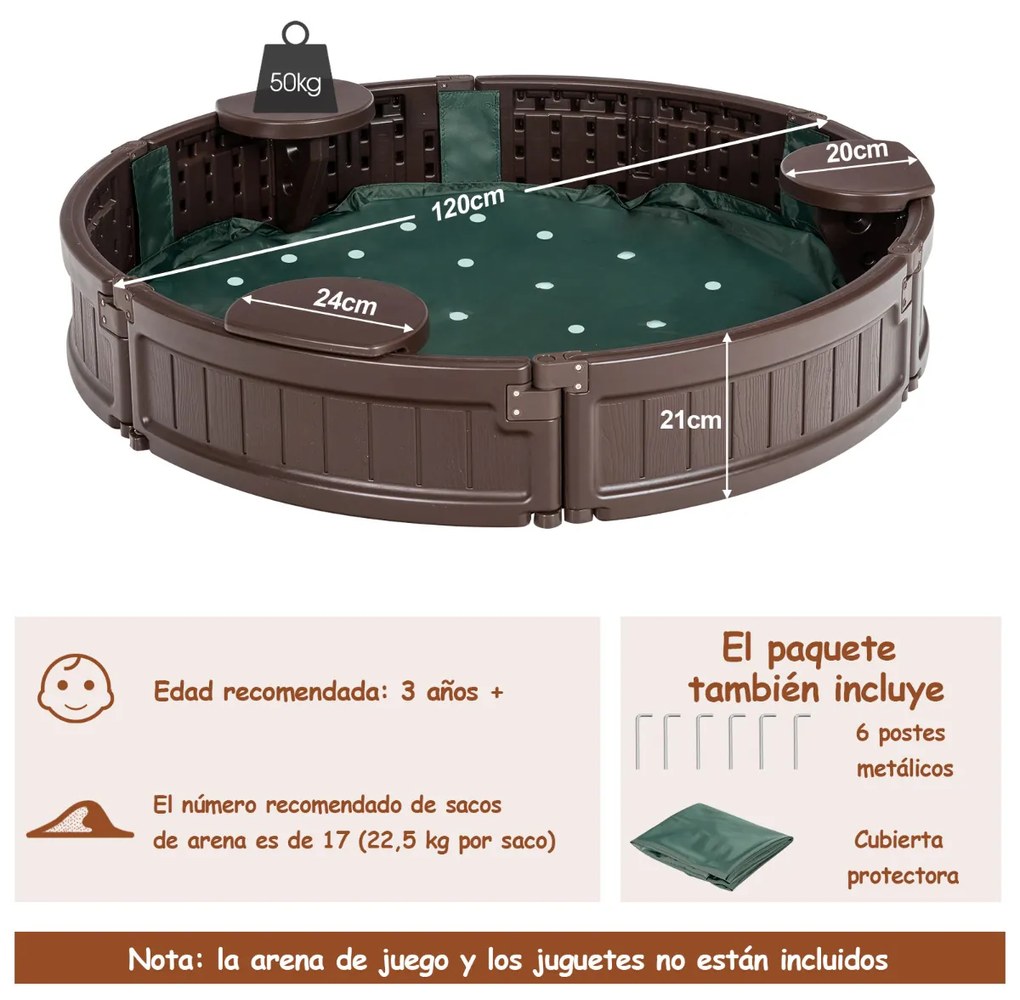 Caixa de areia infantil redonda 120 cm para 4 crianças Kit caixa de areia ao ar livre com assentos à prova d'água para pátio praia Castanho