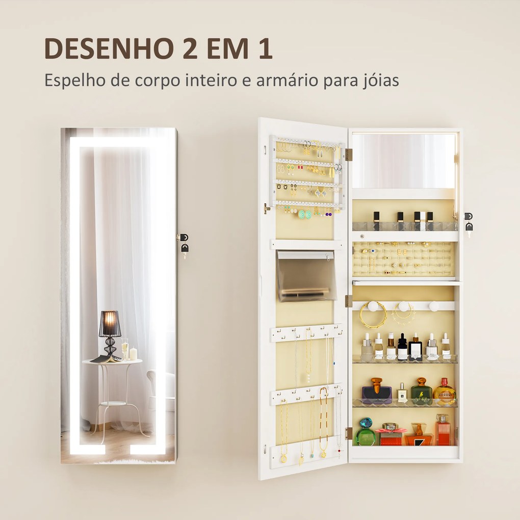 Espelho Joalheiro de Parede com Luzes LED e Fechadura para Pendurar na Parede ou na Porta 37x10,5x108 cm Branco