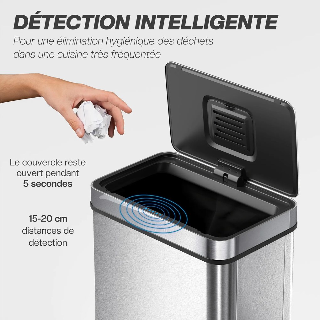 Caixote do lixo com sensor de 60 L com tampa de fecho suave 39 x 27 x 66 cm, caixote do lixo automático de cozinha em aço inoxidável, prateado
