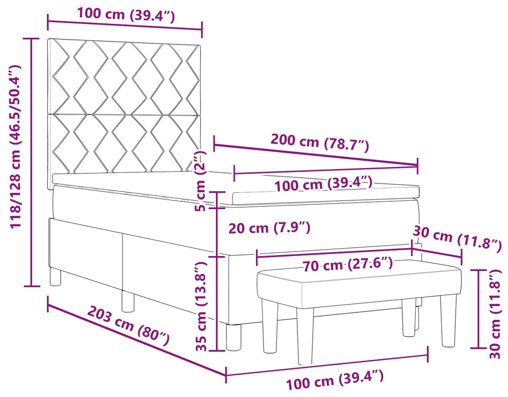 Cama Box Spring com Colchão e Base Cinza Escuro 100x200 cm Tecido