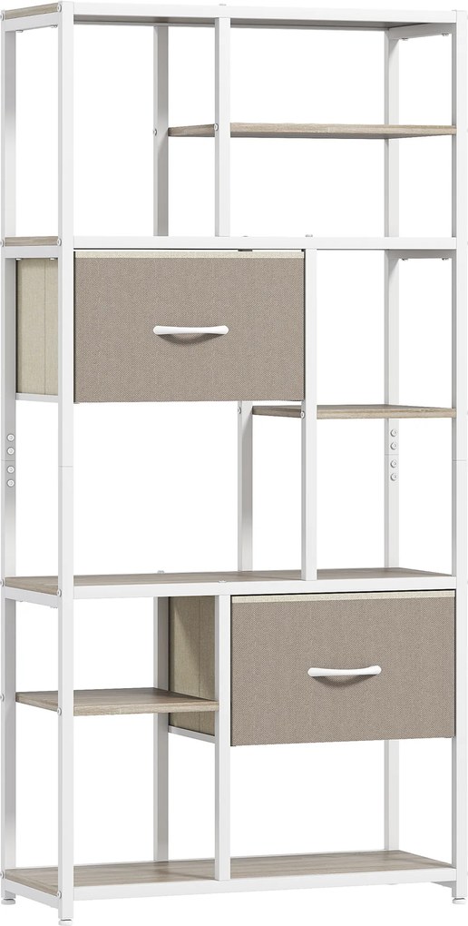 HOMCOM Estante de Arrumação 6 Níveis Estante com 2 Gavetas em Tecido 9 Prateleiras Abertas 72,5x30x150 cm Cáqui e Branco | Aosom Portugal