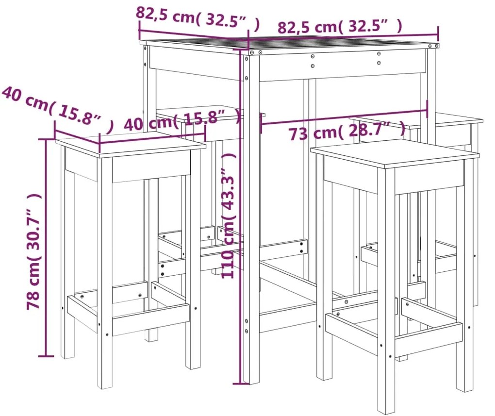 5 pcs conjunto de bar para jardim pinho maciço preto