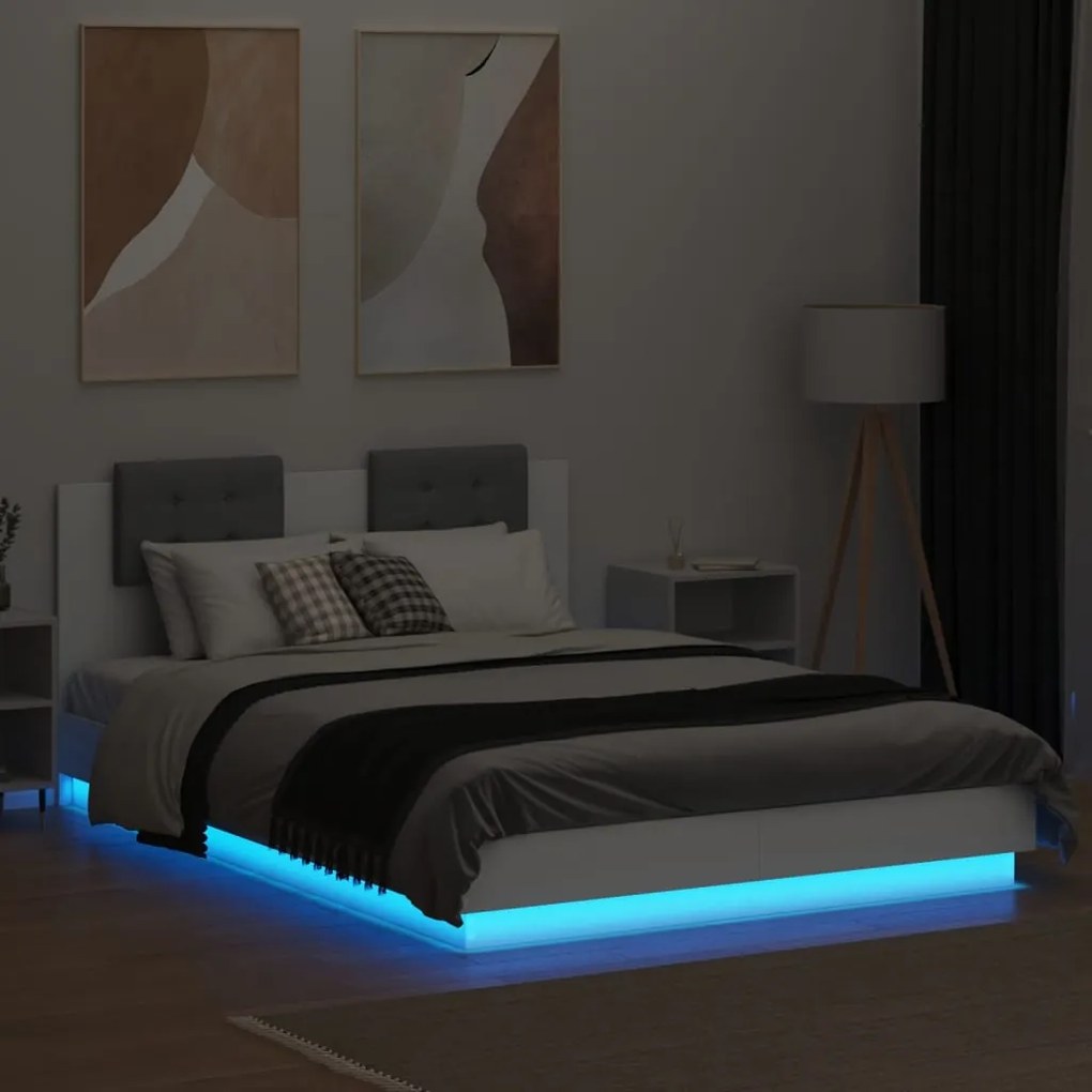 Estrutura de cama com cabeceira e luzes LED 140x200 cm branco