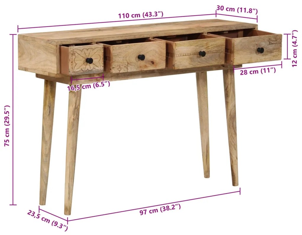 Mesa consola 110x30x75 cm madeira de mangueira maciça