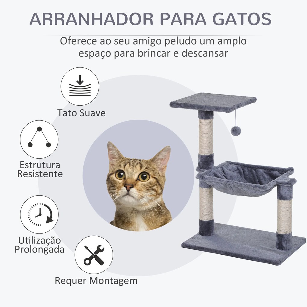 Árvore Arranhador para Gatos Torre para Gatos 50x36x70 cm com Rede Plataforma Poste de Sisal e Bola Suspensa Cinza