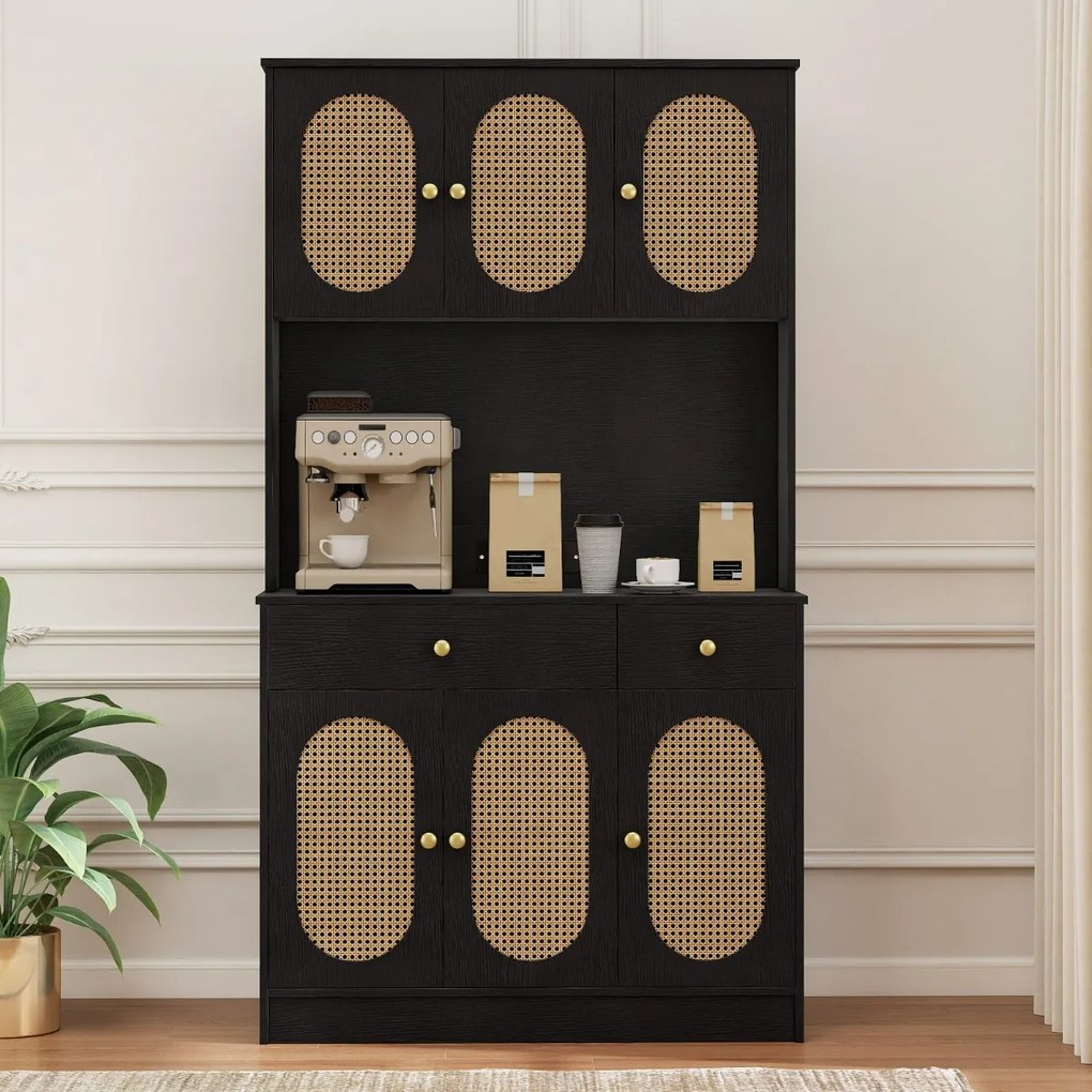 Armário Despensa Cozinha 100 x 40 x 180 cm com Estação de Carregamento 6 Portas de Rattan 2 Gavetas 4 Prateleiras Ajustáveis Móvel Boho Preto