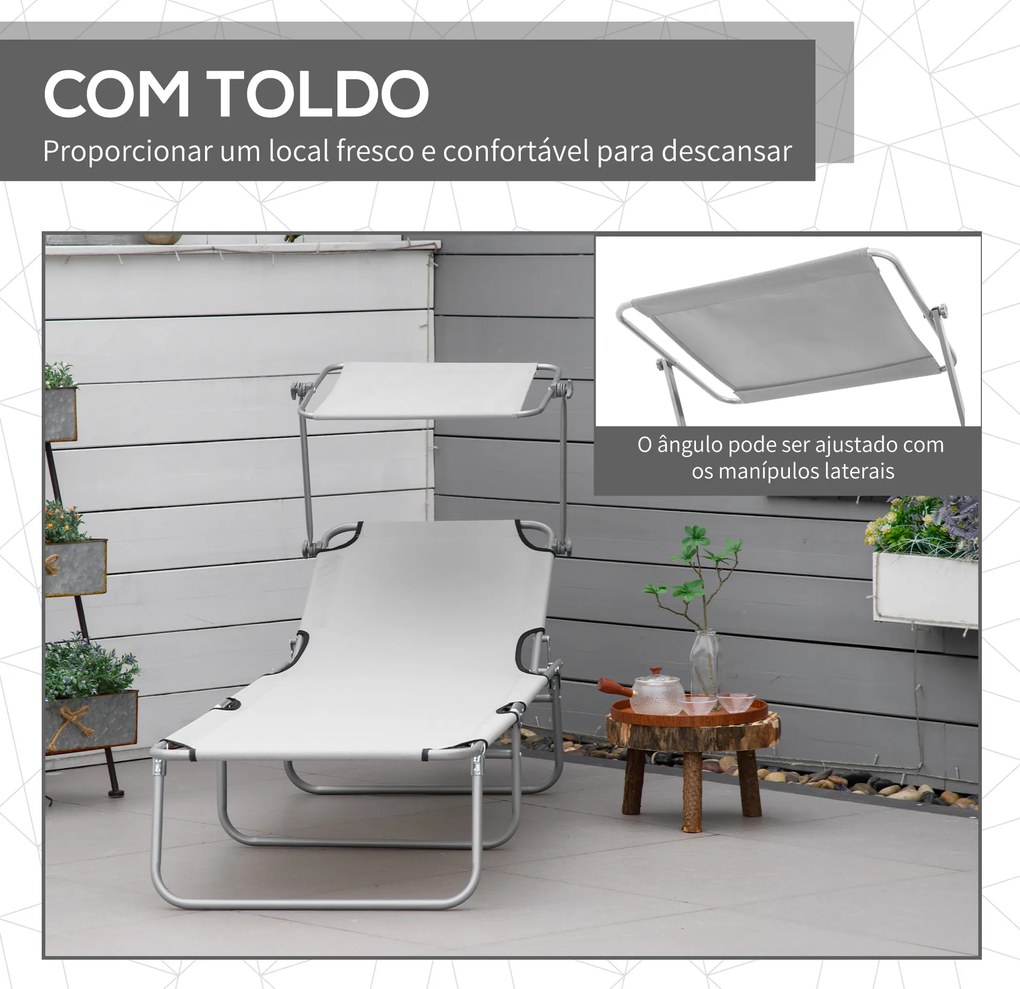 Espreguiçadeira de Jardim Dobrável com Toldo Removível e Ajustável e Encosto Ajustável em 4 Posições  187x58x36 cm Cinza Claro