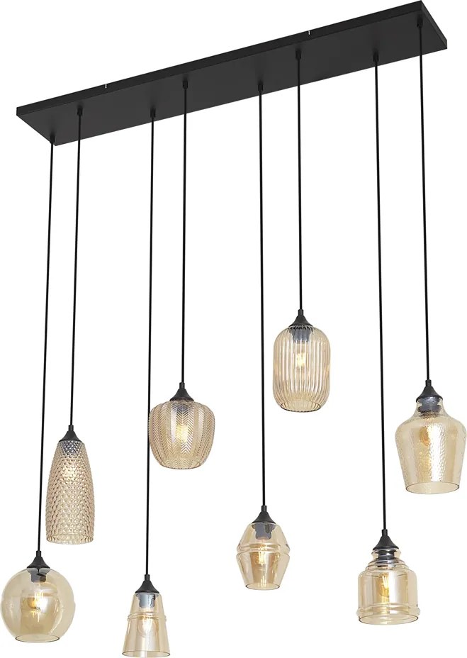 Candeeiro suspenso Art Deco preto com vidro âmbar 8 luzes - Hanne