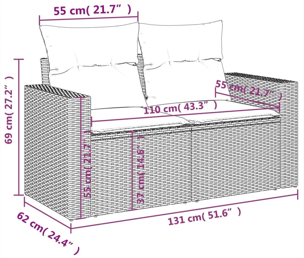 9 pcs conjunto de sofás p/ jardim c/ almofadões vime PE preto