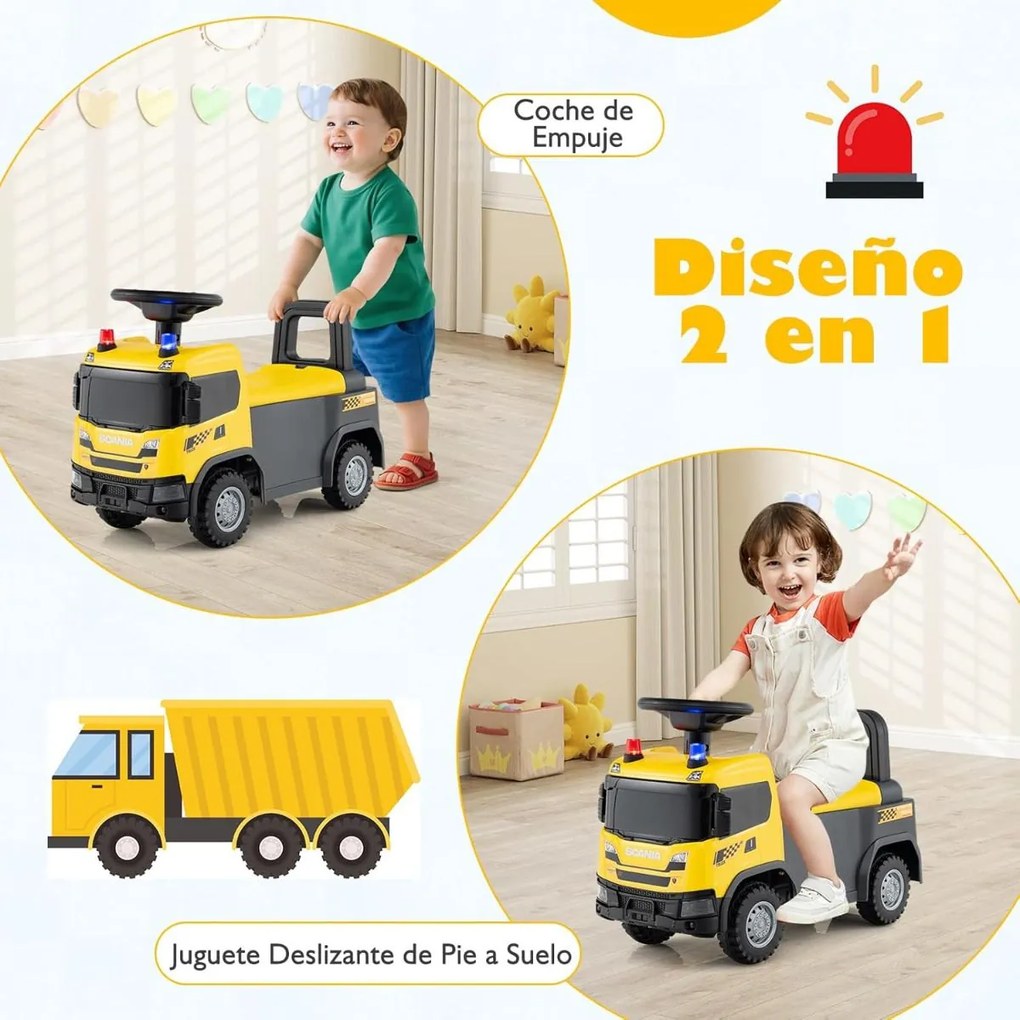 Andarilho carro de bombeiros para crianças com luzes, sirenes e música com arrumação debaixo do assento para crianças a partir dos 18 meses Amarelo