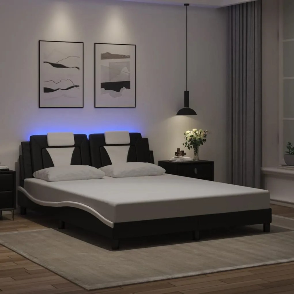 vidaXL Estrutura cama c/ luzes LED 160x200cm couro artif. preto/branco