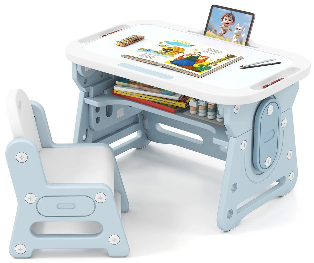 Mesa de desenho infantil com altura ajustável, quadro inclinável, conjunto de mesa e cadeira para crianças de 3 anos ou mais, cinza