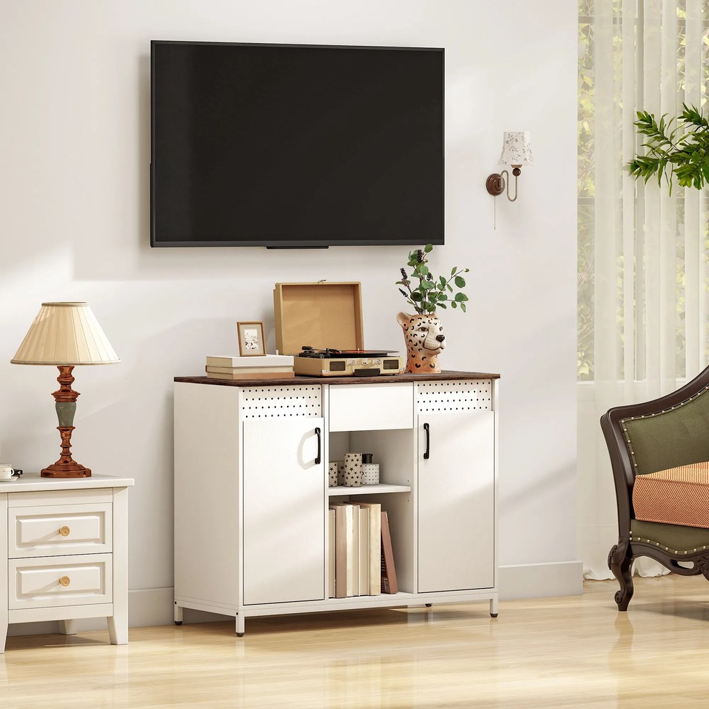 Aparador de 2 Portas com Orifícios 2 Compartimentos e Gaveta Prateleiras Ajustáveis 100x40x80 cm Branco e Castanho Rústico