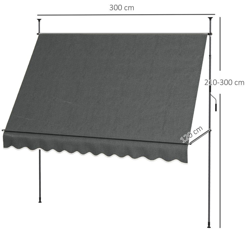 Toldo Manual Retrátil com Manivela 300x120x210-300 cm com Altura Ajustável Impermeável para Jardim Varanda Cinza Escuro