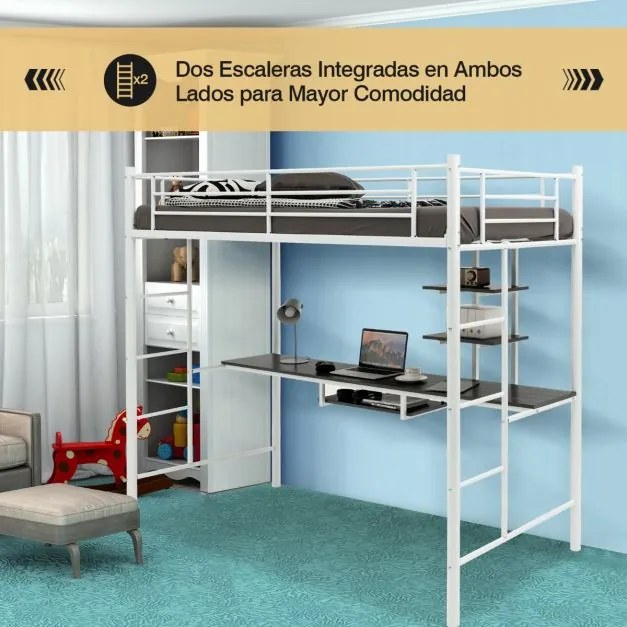 Cama alta com secretária infantil, 2 escadas bilaterais e 2 prateleiras de arrumação estrutura Branca