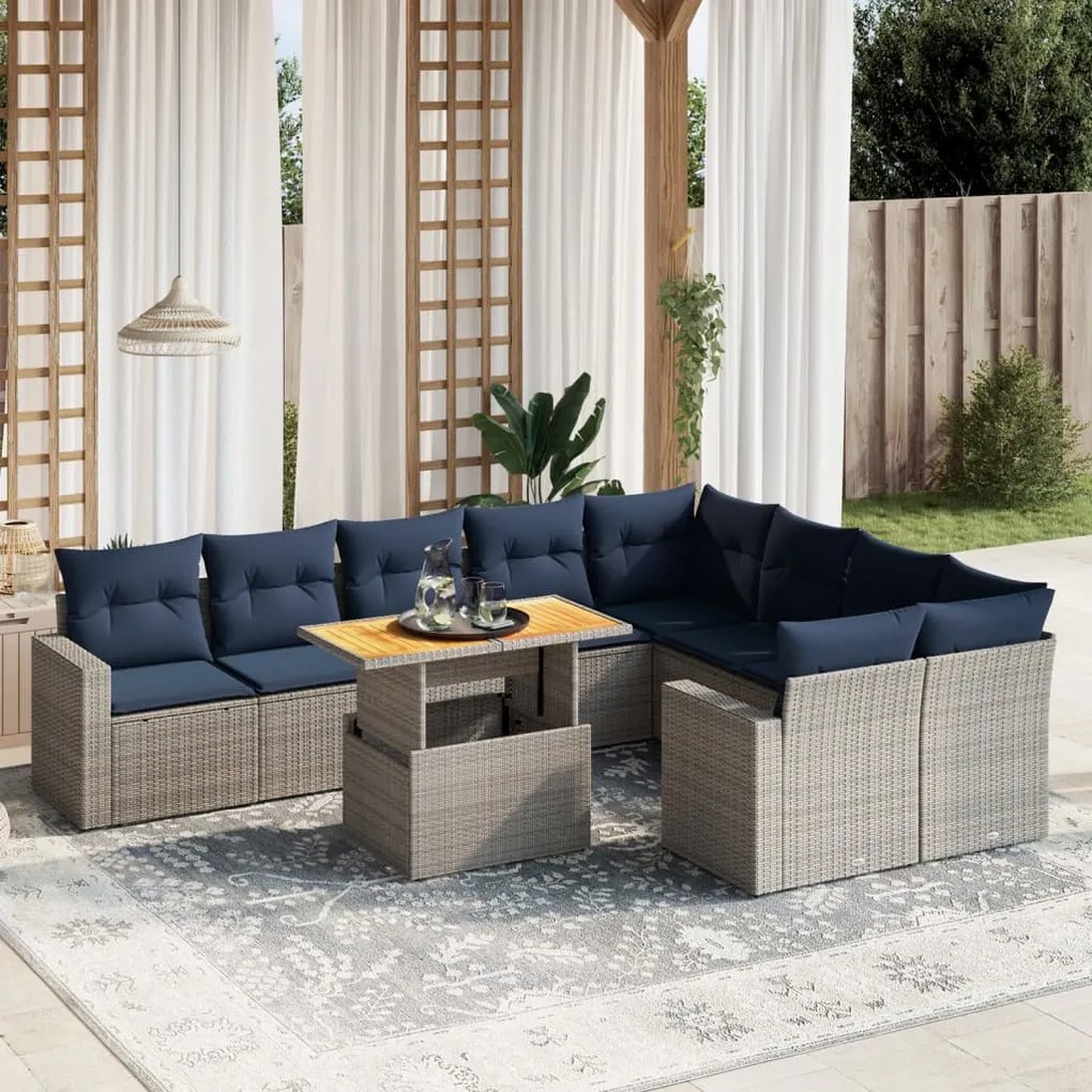 vidaXL 10 pcs conjunto sofás p/ jardim c/ almofadões vime PE cinzento