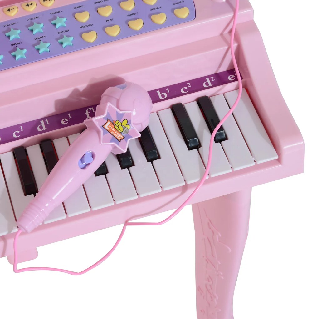 Piano infantil 37 Teclas com Microfone Banquinho Luzes e 22 Canções USB/MP3