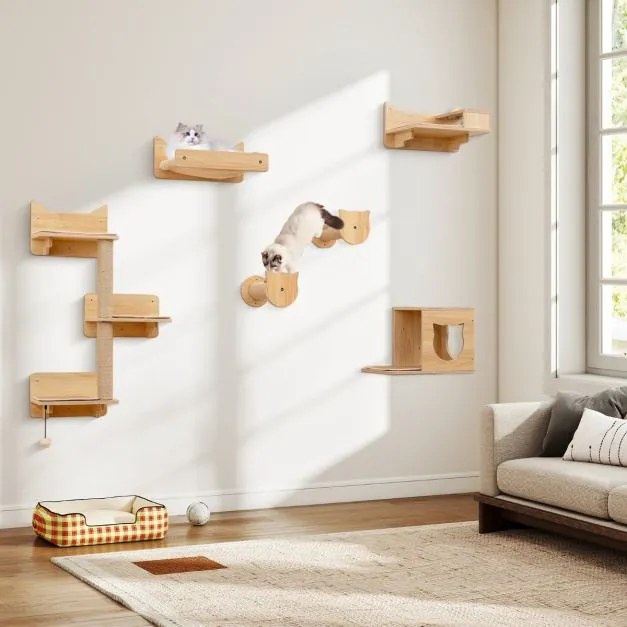 Conjunto de móveis de parede para gatos com 6 peças, rede, torre de salto com 3 níveis e 2 postes para arranhar, área de brincar natural