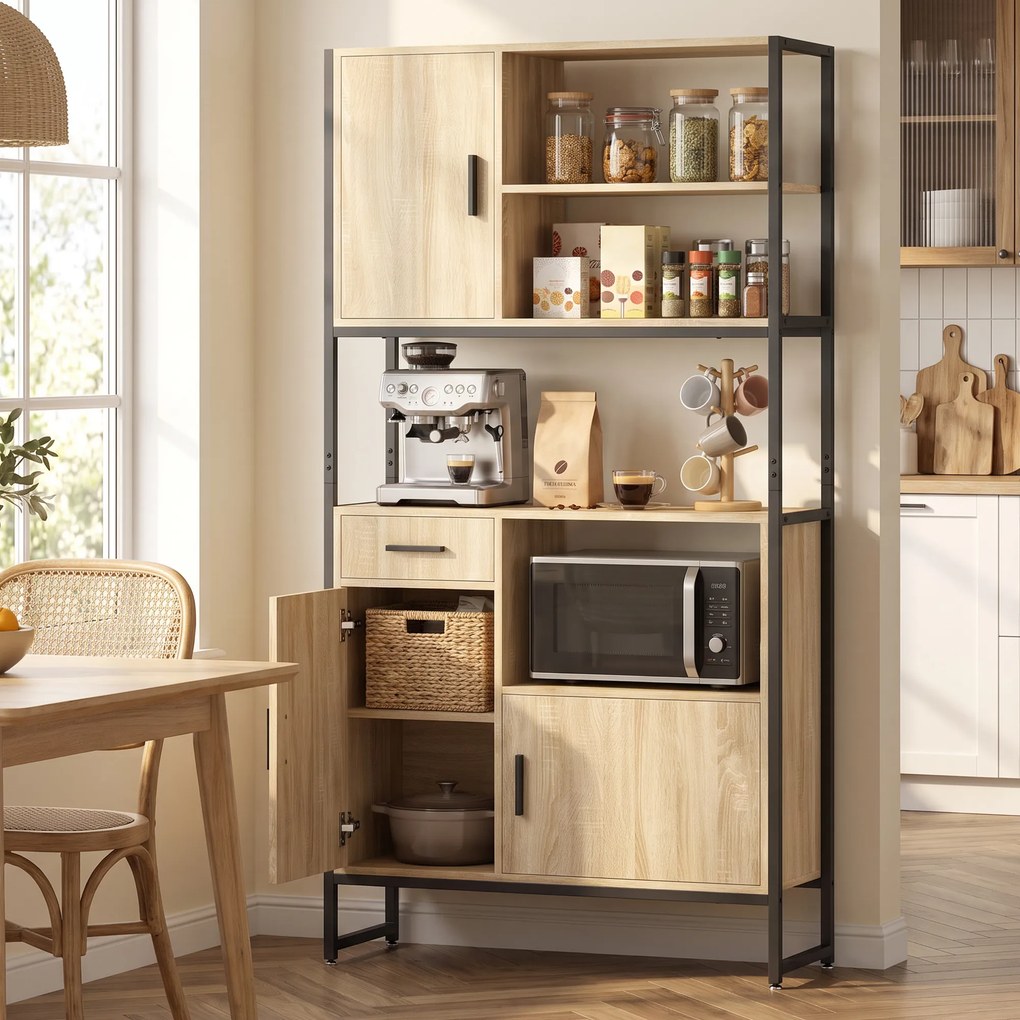 Armário de Cozinha Alto, 90 x 30 x 170 cm, 3 Portas com Fecho Suave, cor Natural
