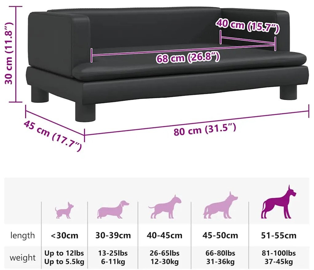 Cama para cães 80x45x30 cm couro artificial preto