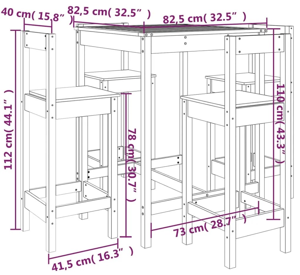 5 pcs conjunto de bar para jardim pinho maciço