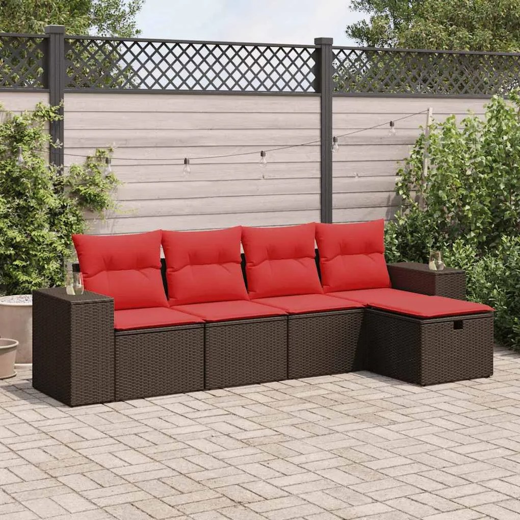 5 pcs conjunto sofás p/ jardim c/ almofadões vime PE castanho