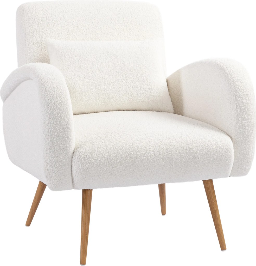 HOMCOM Poltrona em Tecido Teddy com Almofada Lombar Amovível e Pés Metálicos Efeito Madeira para Quarto, Creme | Aosom Portugal