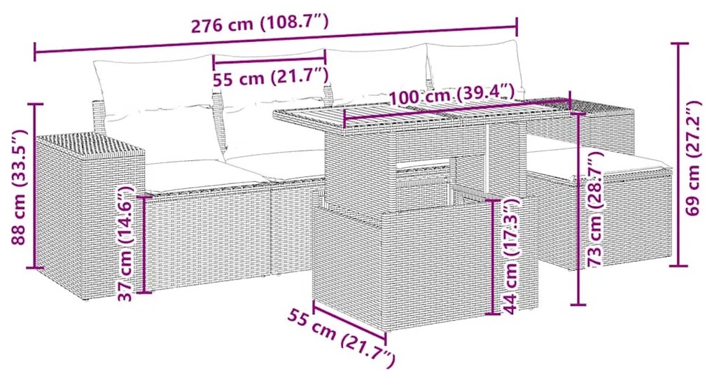 6 pcs conjunto de sofás p/ jardim com almofadões vime PE bege