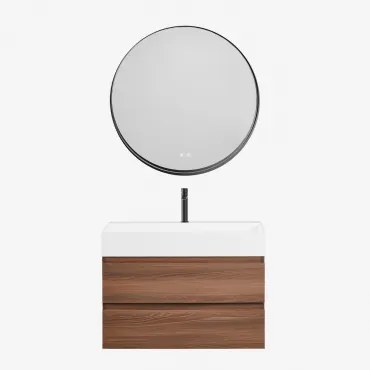 Conjunto De Móvel De Casa De Banho Suspenso Em Madeira E Folha De Freixo Com Lavatório Integrado Ona Madeira Escura & Redondo Led - Sklum