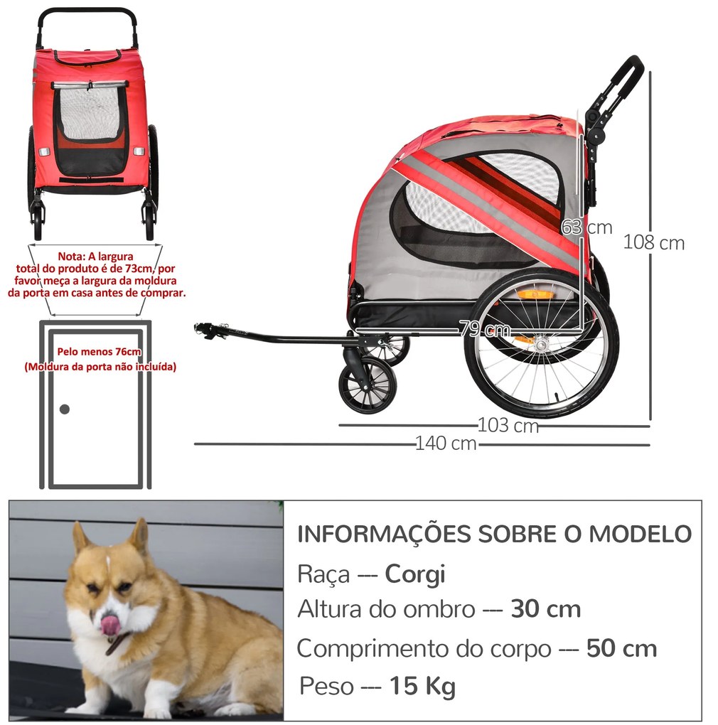 PawHut Reboque de Bicicleta para Cães 2 em 1 Transporte para Animais d