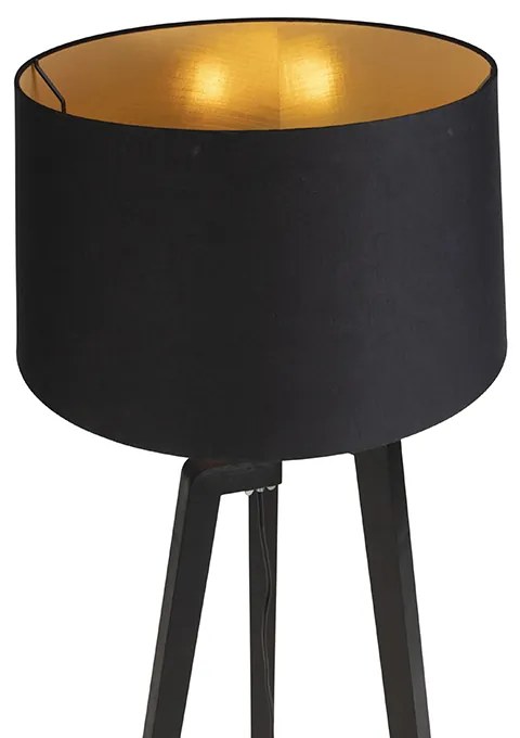 Candeeiro de pé tripé com abajur de algodão preto com dourado 50 cm - Puros Country / Rústico