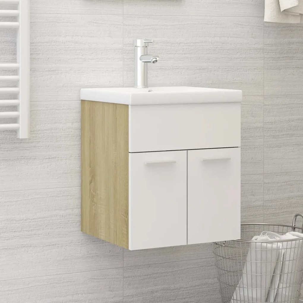 3070816 vidaXL Armário lavatório + lavatório embutido contrap. branco e sonoma